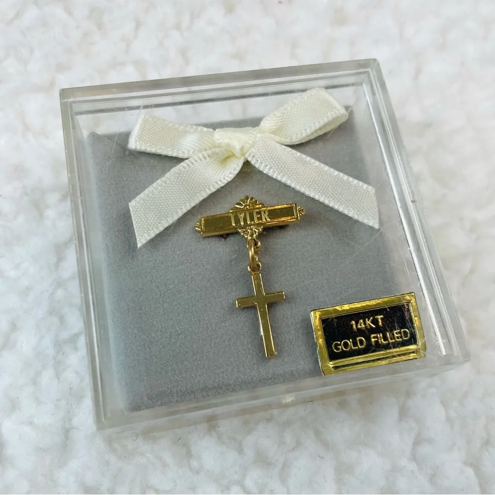 (VTG) 14K Gold Filled Tyler Name and Cross Baby Pin